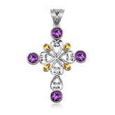 Sterling silver cross pendant with Amethyst and Citrine gemstones – handcrafted Bali jewelry symbolizing faith, harmony, and elegance